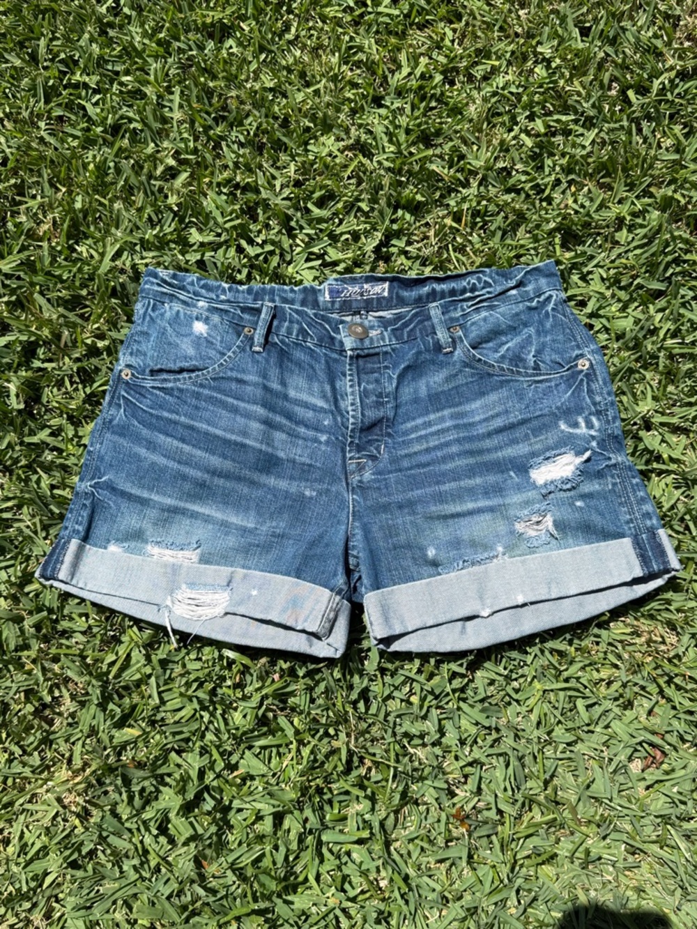 Hudson Jeans Women's Distressed Rolled Hem Denim Shorts - no stretch